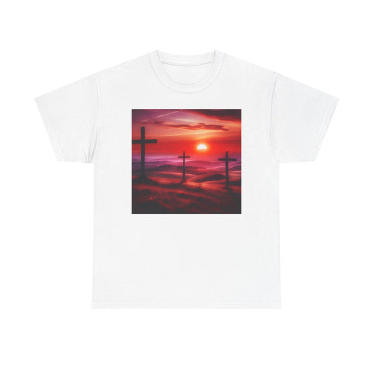 Faith-Inspired Heavy Cotton Tee - Sunset Cross Design for Spiritual Connection